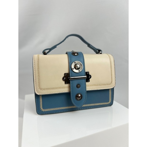 Two Tone Top Handle Satchel Bag with Decorative Metal Studs Cute - Picture 1 of 11